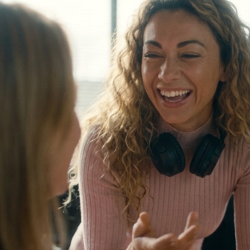 A researcher with headphones round her neck laughing mid-conversation at The Furnace, Dublin