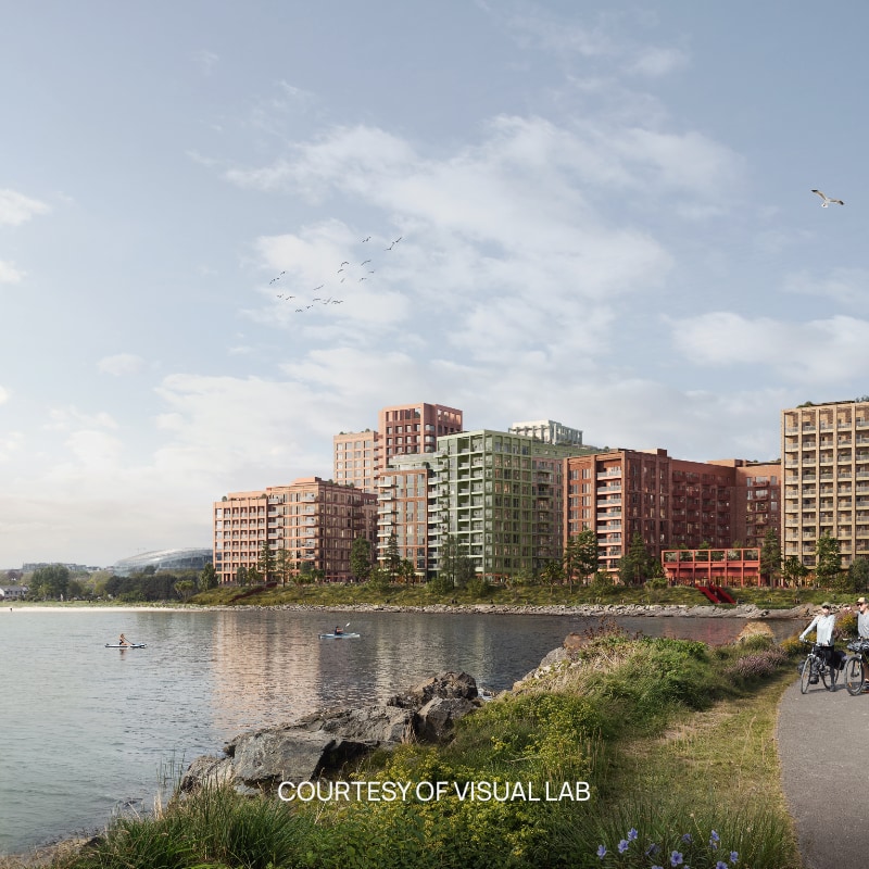 Render of the Glass Bottle waterfront in Dublin, with kayakers and cyclists below the new blocks, courtesy of Visual Lab