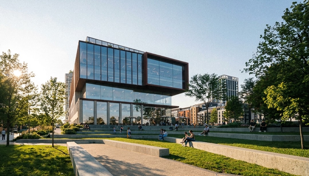 The Furnace innovation hub at Glass Bottle, Dublin, with glass and red-clad upper floors above a landscaped plaza
