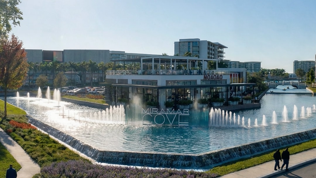 Fountain plaza at Miramar Cove, Fort Lauderdale, with the Miramar Cove sign and palm-lined walkways
