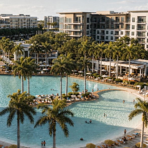 The Miramar Cove lagoon lined with palms and low-rise buildings, Fort Lauderdale