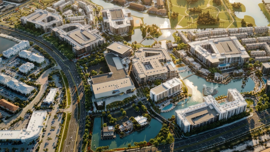 Aerial view of the Miramar Cove masterplan in Fort Lauderdale, with the lagoon and canals running between the buildings