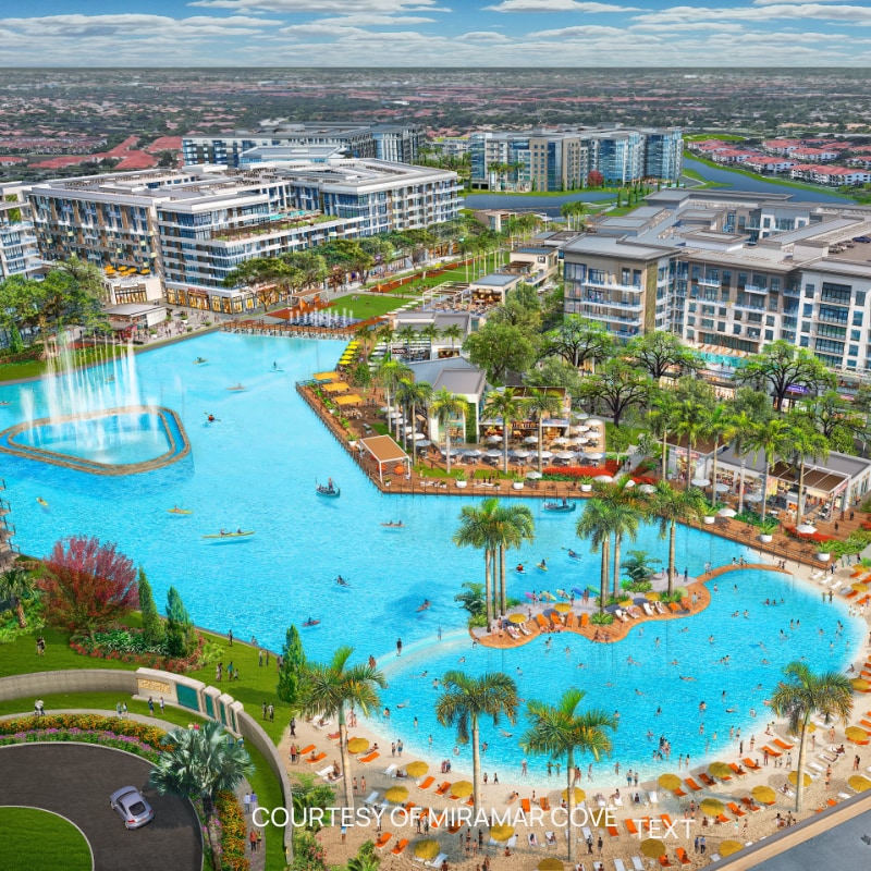 Aerial render of the Miramar Cove lagoon and fountains, courtesy of Miramar Cove