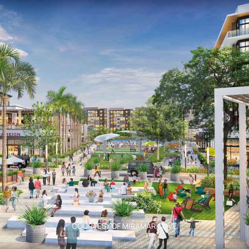 Render of the Miramar Cove plaza with amphitheater steps, courtesy of Miramar Cove