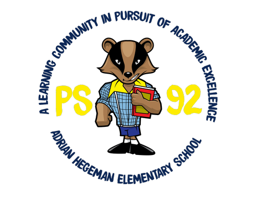 PS 92 badger mascot holding books and folder