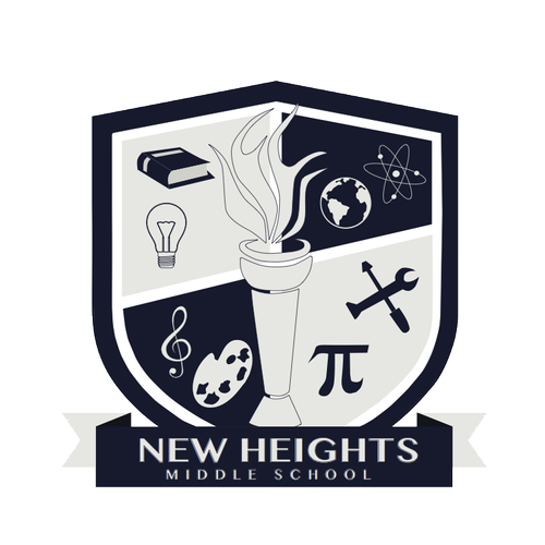 New Heights Middle School shield logo with academic symbols