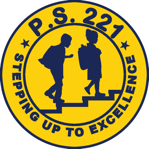 P.S. 221 school logo with students climbing stairs