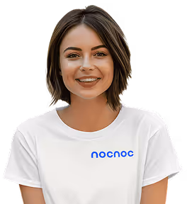 Smiling woman with short brown hair wearing a white t-shirt with the blue nocnoc logo.