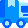 Simplified blue delivery truck icon with a white package symbol on the cargo area and a blue background.