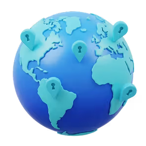 Blue and green 3D globe with location pins shaped like keyholes indicating security or privacy points around the world.