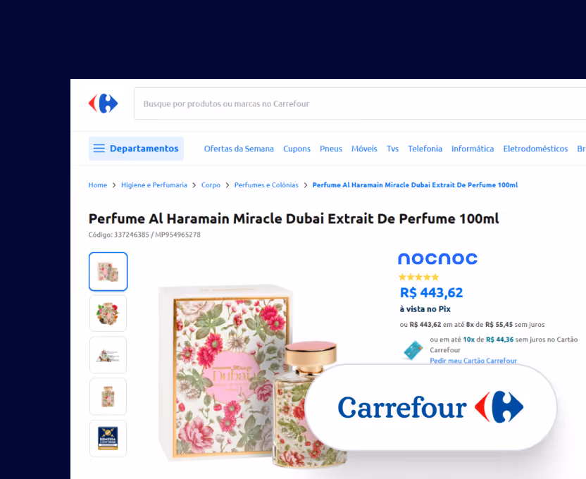 Online product page of Perfume Al Haramain Miracle Dubai Extrait De Perfume 100ml with floral packaging and price listed as R$ 443,62 on Carrefour website.