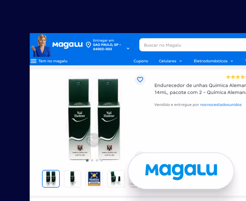 Online product page on Magalu website showing two bottles of nail hardener with product details in Portuguese.