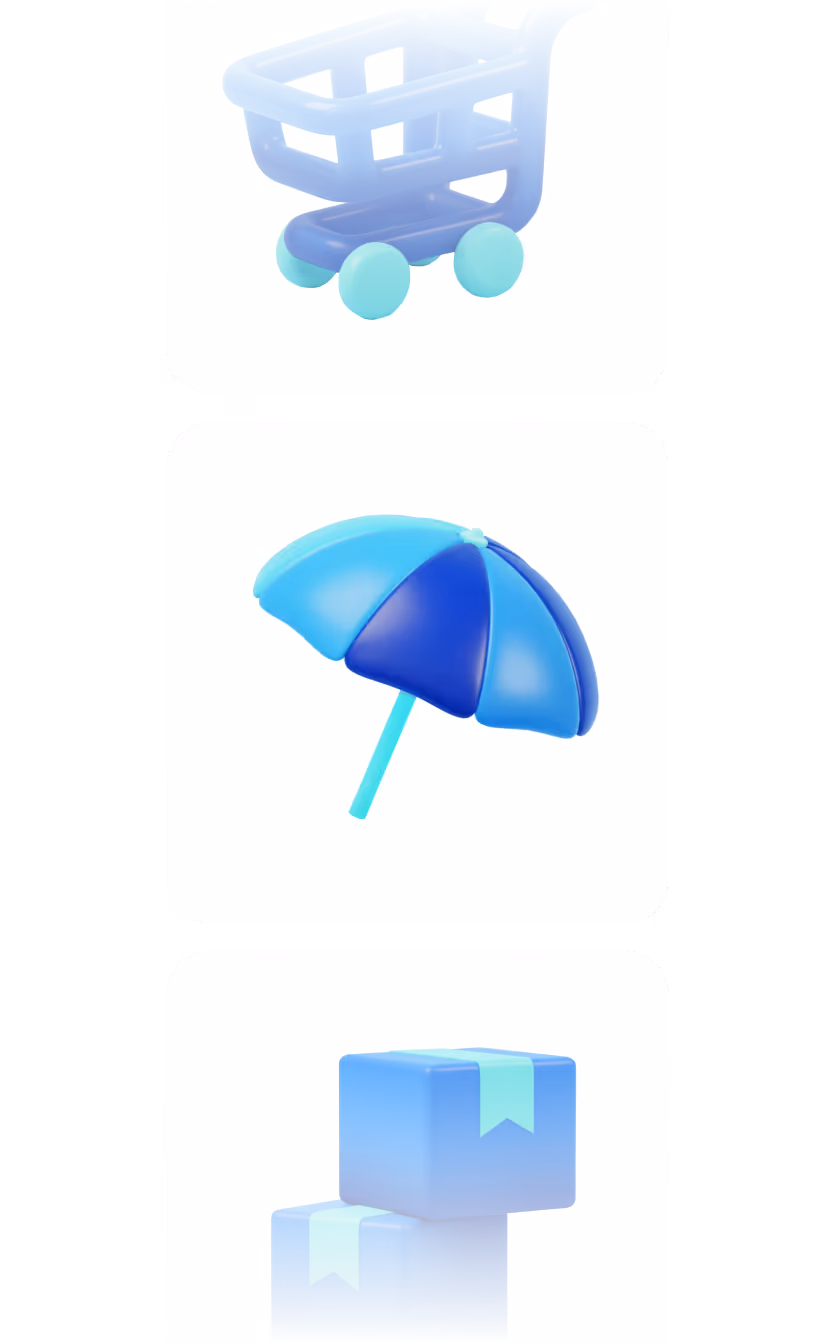Blue and turquoise shopping cart, blue and turquoise beach umbrella, and two blue packages with turquoise ribbons stacked.