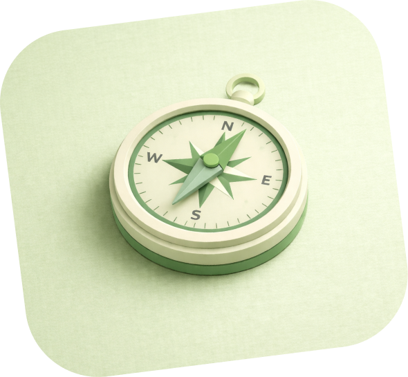3D illustration of a green and white compass pointing northwest on a light green background.