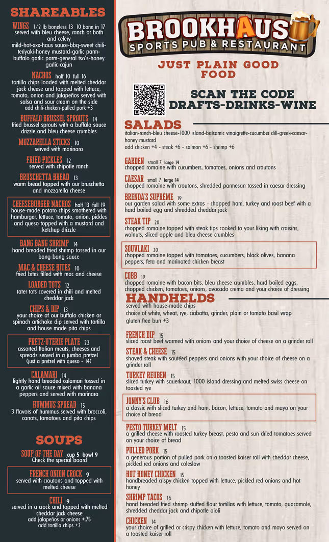 the menu of The Brookhouse Sports Pub & Restaurant