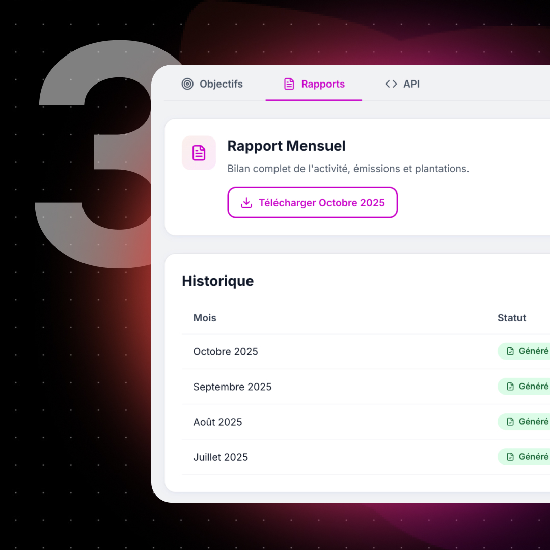 Dashboard displaying monthly report section with download button for October 2025 and history of generated reports for previous months.