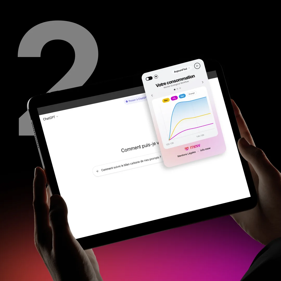 Hands holding a tablet displaying a ChatGPT interface with a floating panel showing an ecological consumption graph labeled 'Votre consommation.'