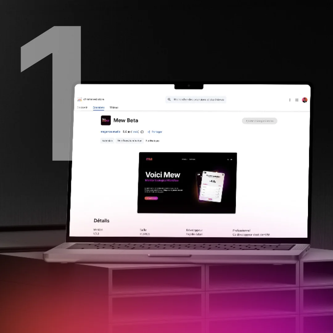 Laptop on desk showing Chrome Web Store page for Mew Beta extension with interface preview and details.
