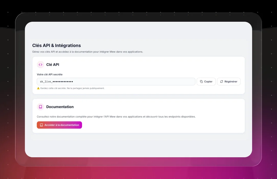 User interface showing API keys and documentation section with a hidden secret API key and buttons to copy or regenerate it, plus a button to access API documentation.