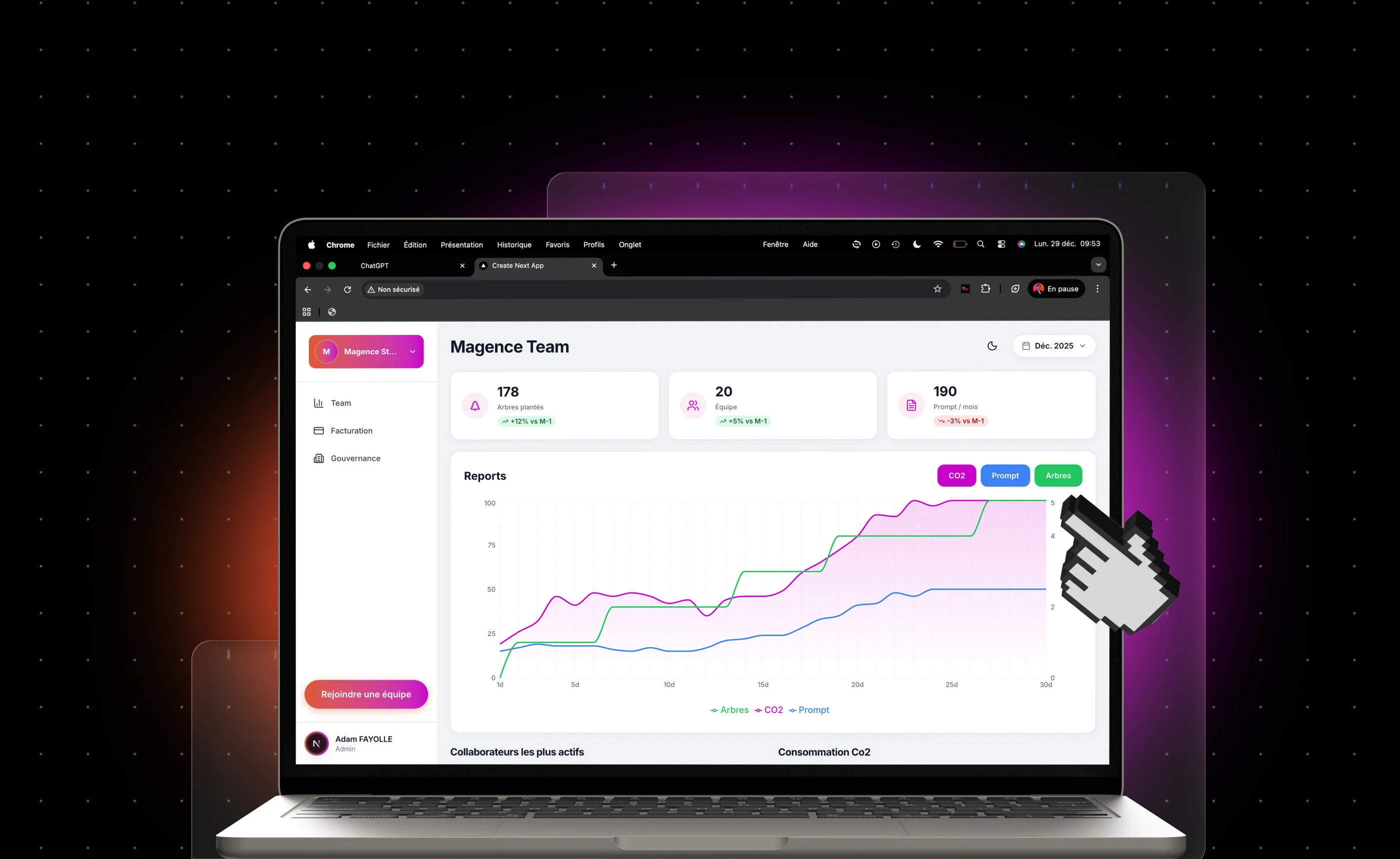 Laptop screen showing Magence Team dashboard with charts of CO2, prompt, and tree data, and team metrics for December 2025.