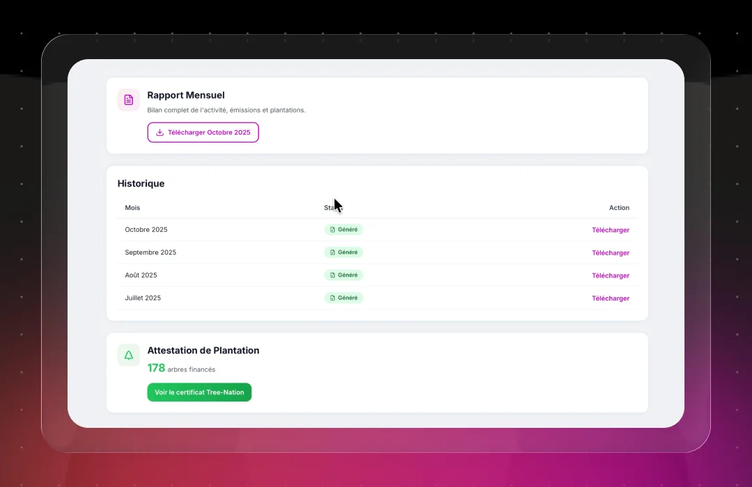 Dashboard showing monthly report status for October 2025 to July 2025, with all reports generated and downloadable, plus a planting certificate indicating 178 trees financed.
