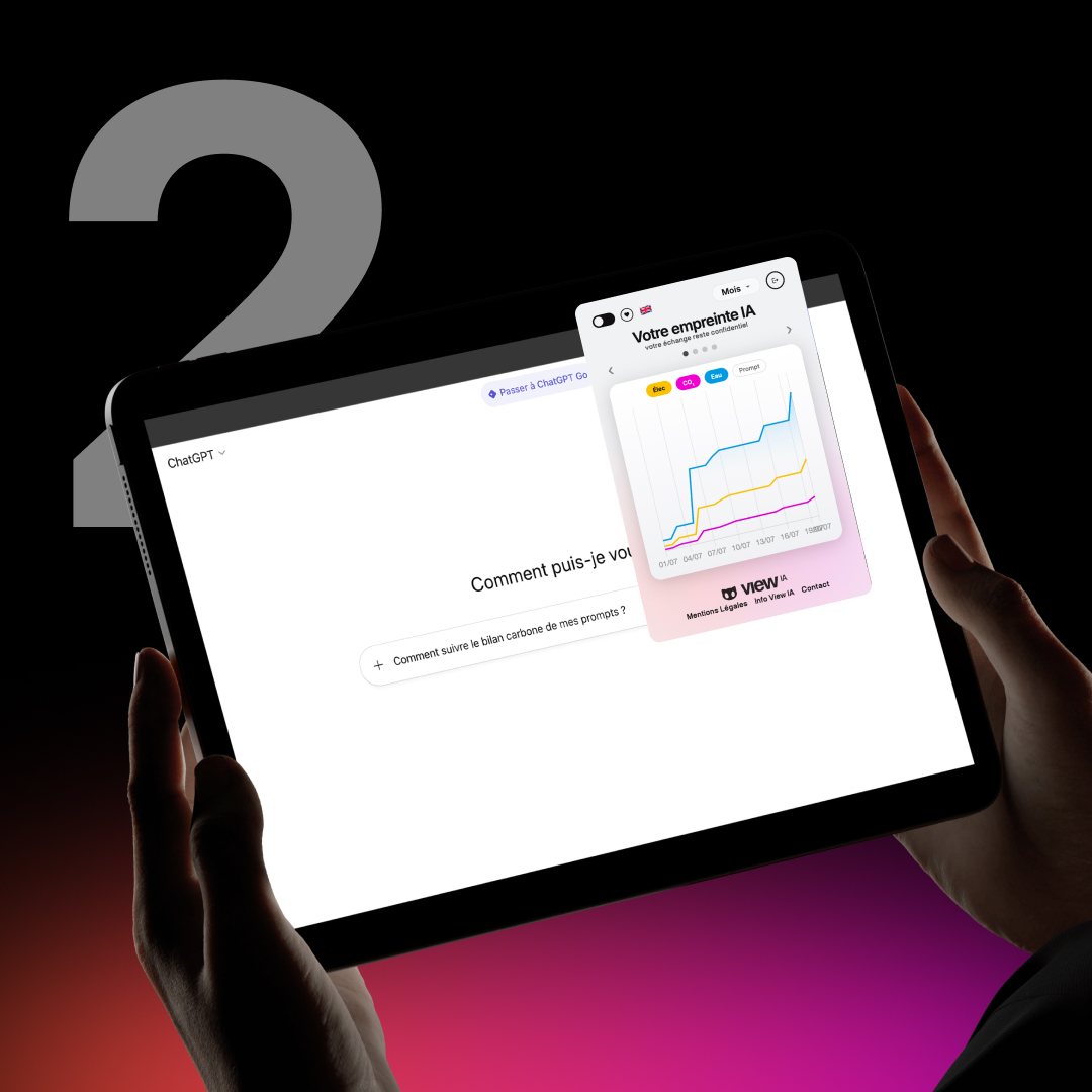 Hands holding a tablet displaying a ChatGPT interface with a floating panel showing an ecological consumption graph labeled 'Votre consommation.'