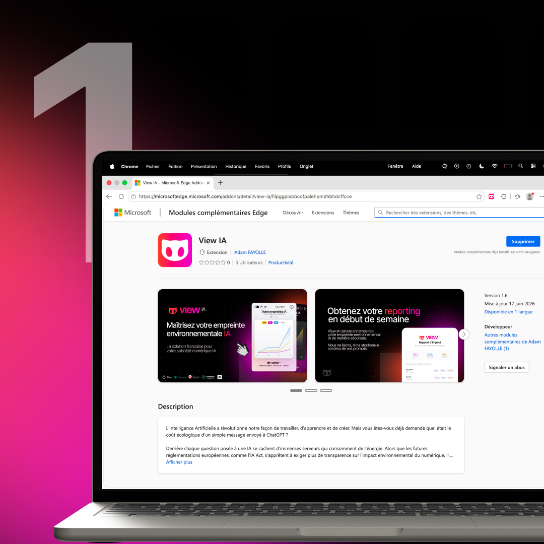 Laptop on desk showing Chrome Web Store page for Mew Beta extension with interface preview and details.