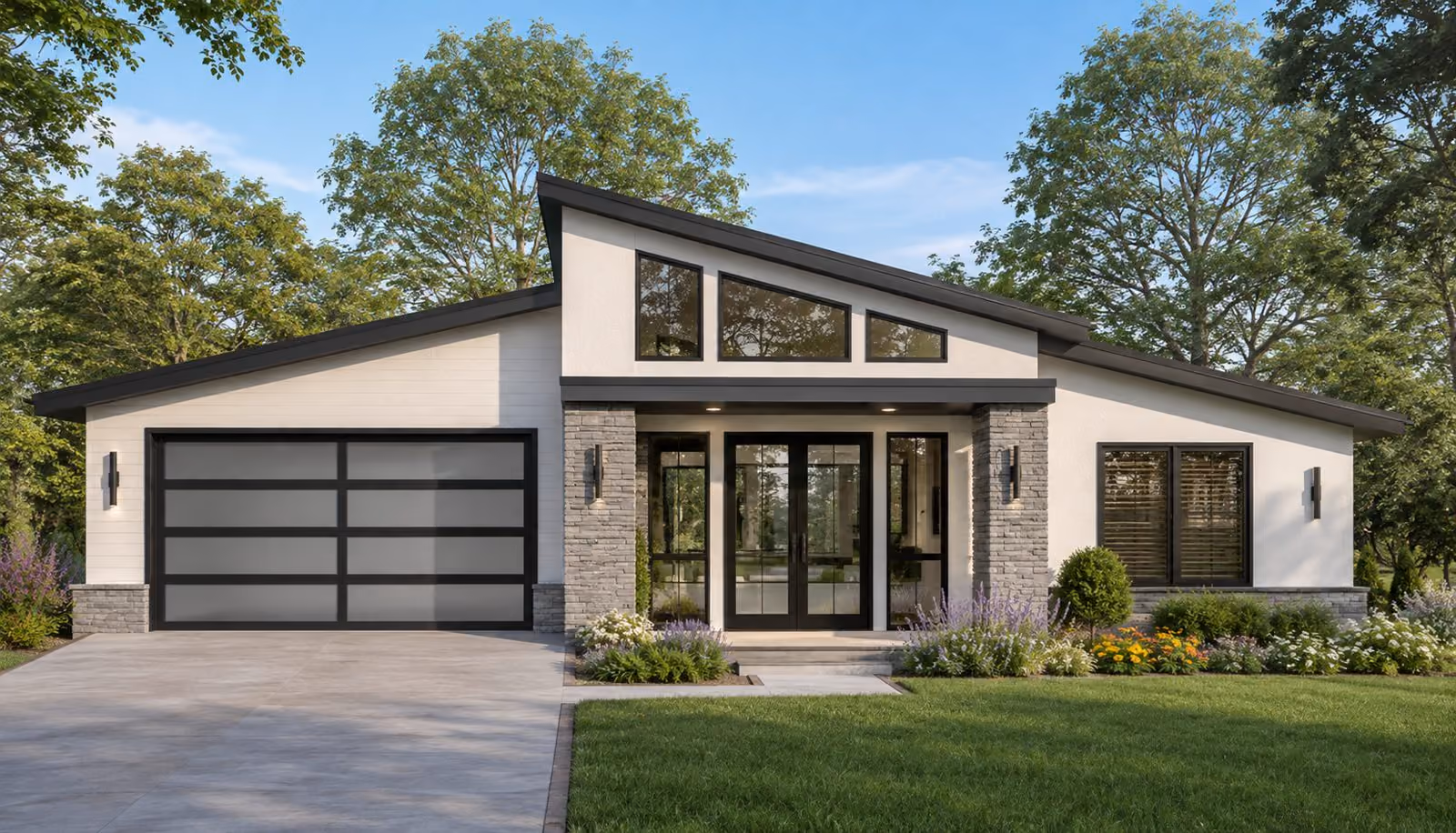 Modern single-story home with a black garage door