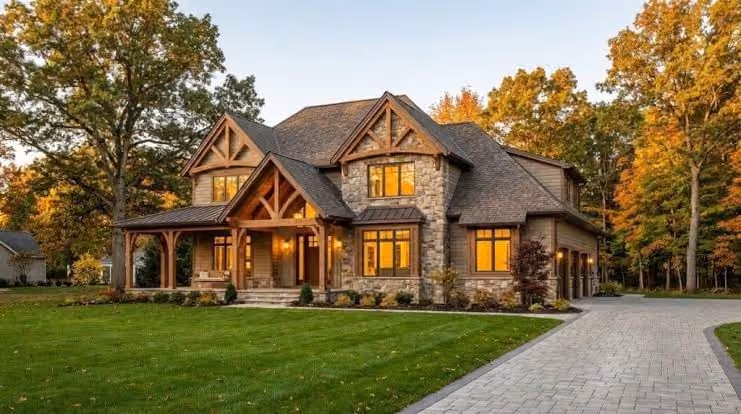 Craftsman-style custom home at dusk