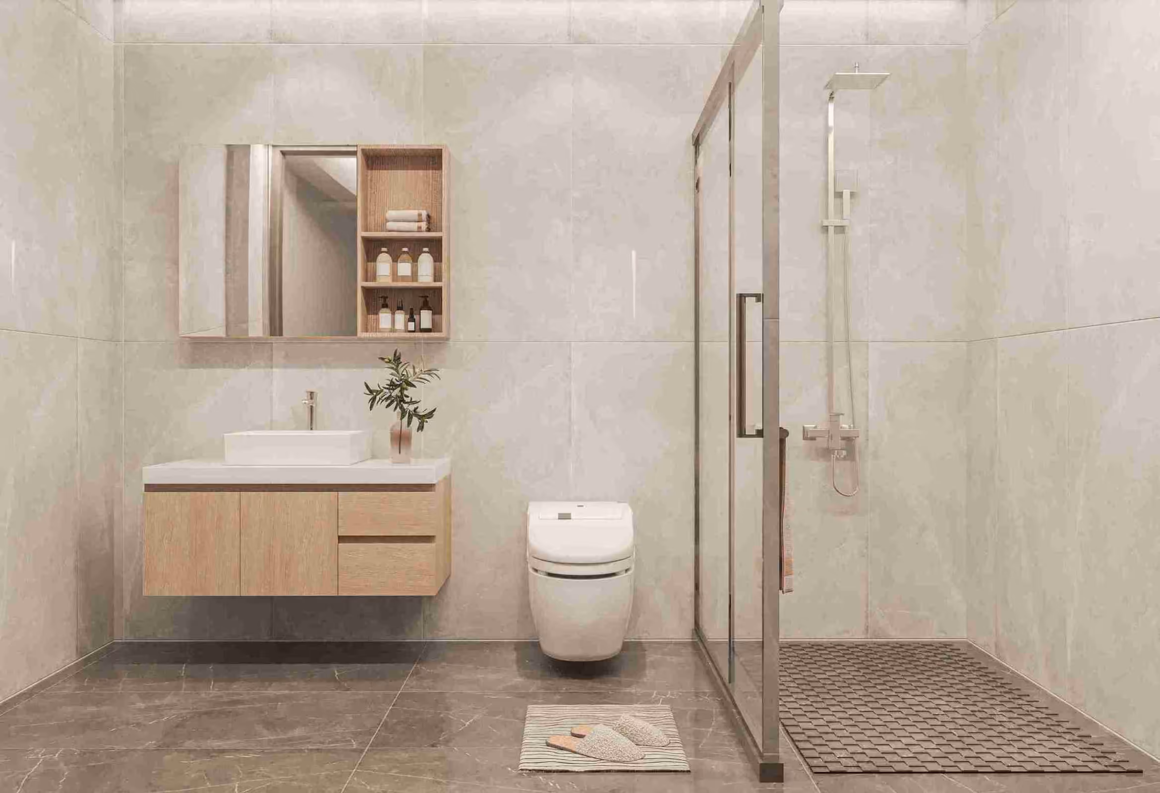 Bathroom remodeling Chicago suburbs - floating vanity with walk-in glass shower