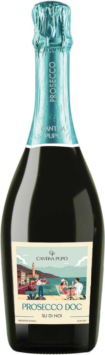 Bottle of Cantina Pupo Prosecco DOC Su di Noi with turquoise foil and label showing a coastal scene with people and a violinist.