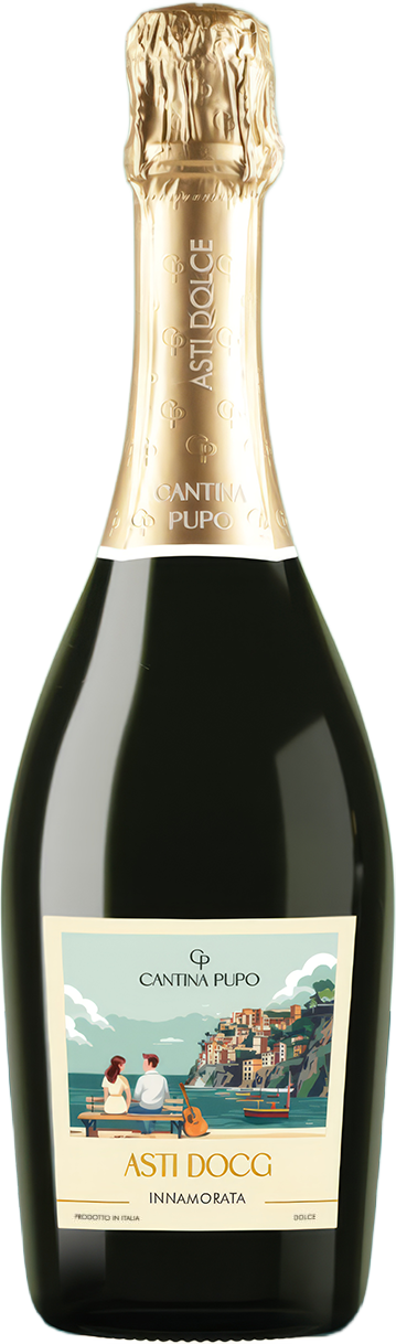 Bottle of Cantina Pupo Asti Dolce sparkling wine with a label showing a couple sitting by the sea with a guitar and colorful coastal buildings in the background.