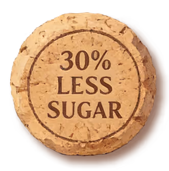 Cork with a stamped message reading '30% LESS SUGAR' inside a circle.