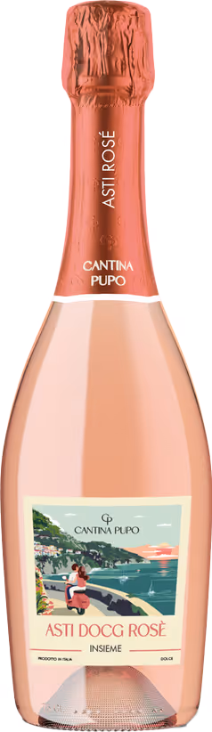 Bottle of Cantina Pupo Asti Rosè with pink foil and label showing a coastal scene with people on a Vespa.