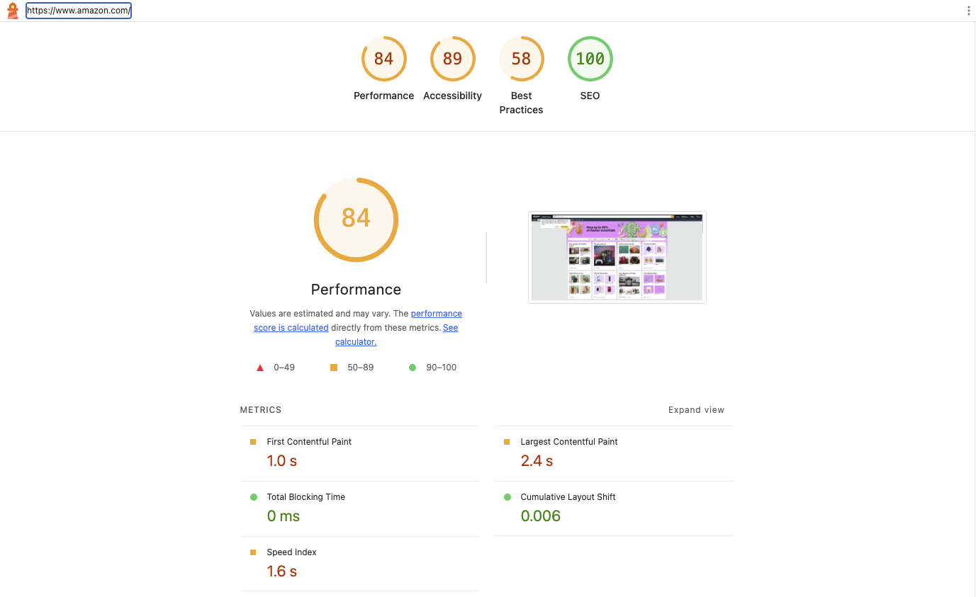 Amazon.com Homepage - Lighthouse score 04/03/2026
