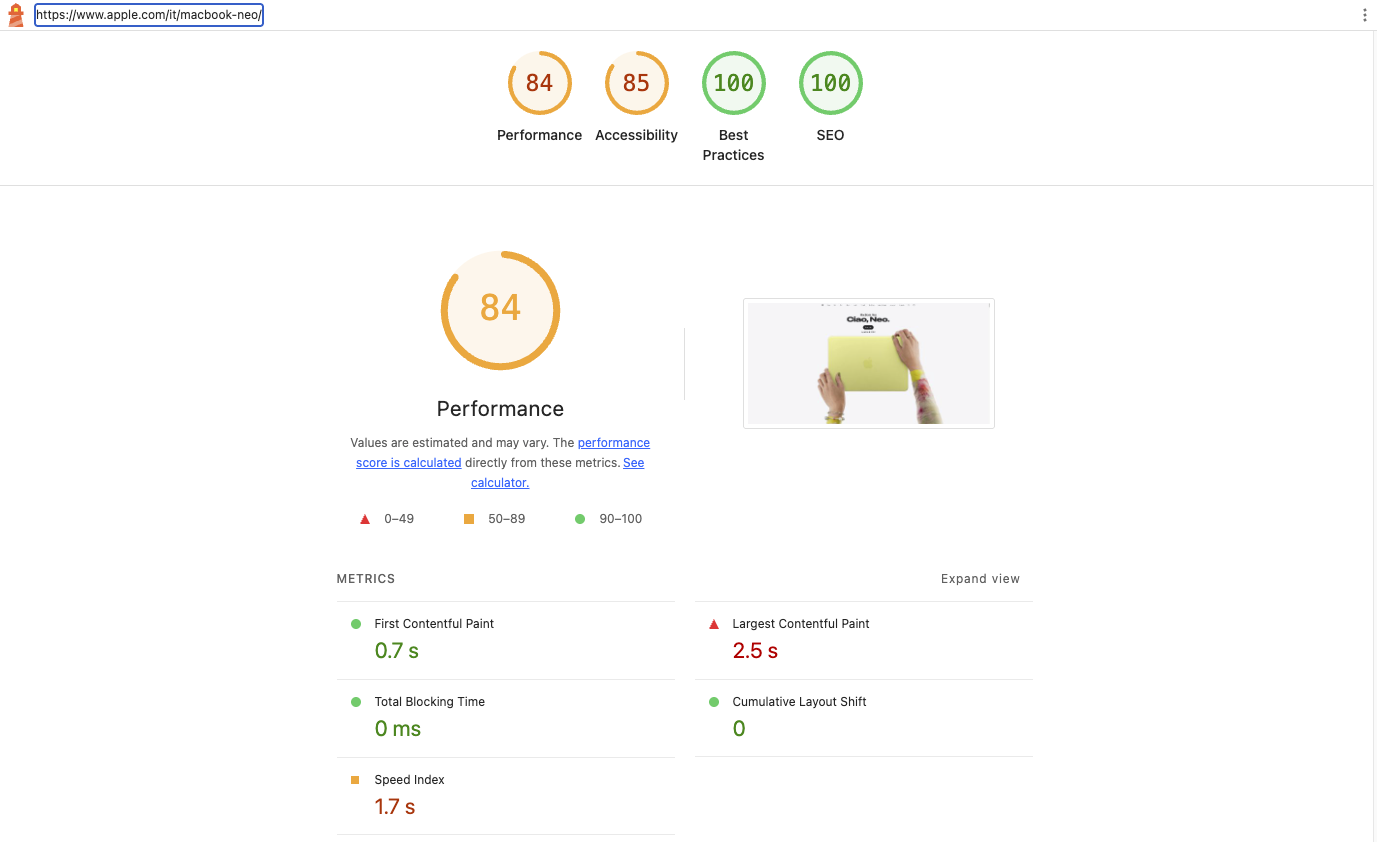 Apple.com MacBook Neo Page - Lighthouse score 04/03/2026