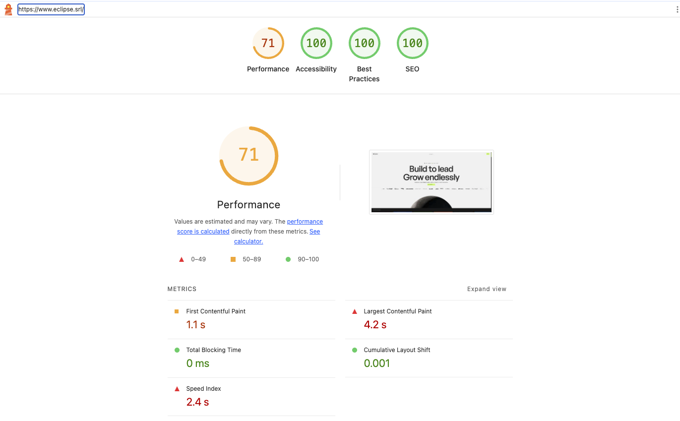 Eclipse SRL Homepage - Lighthouse score 04/03/2026