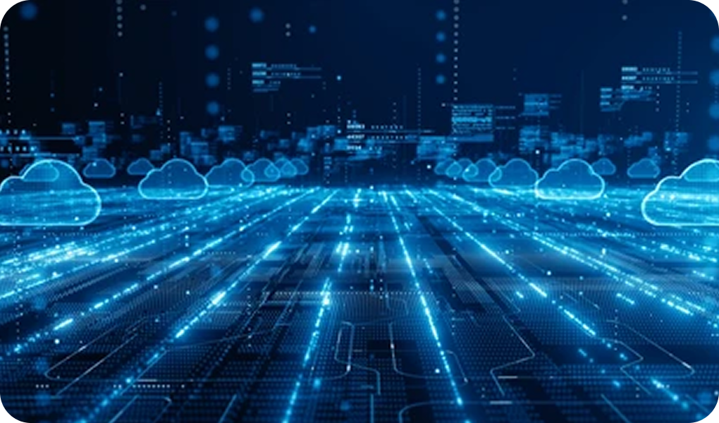 Digital landscape with glowing blue data lines and cloud icons symbolizing cloud computing and data flow.