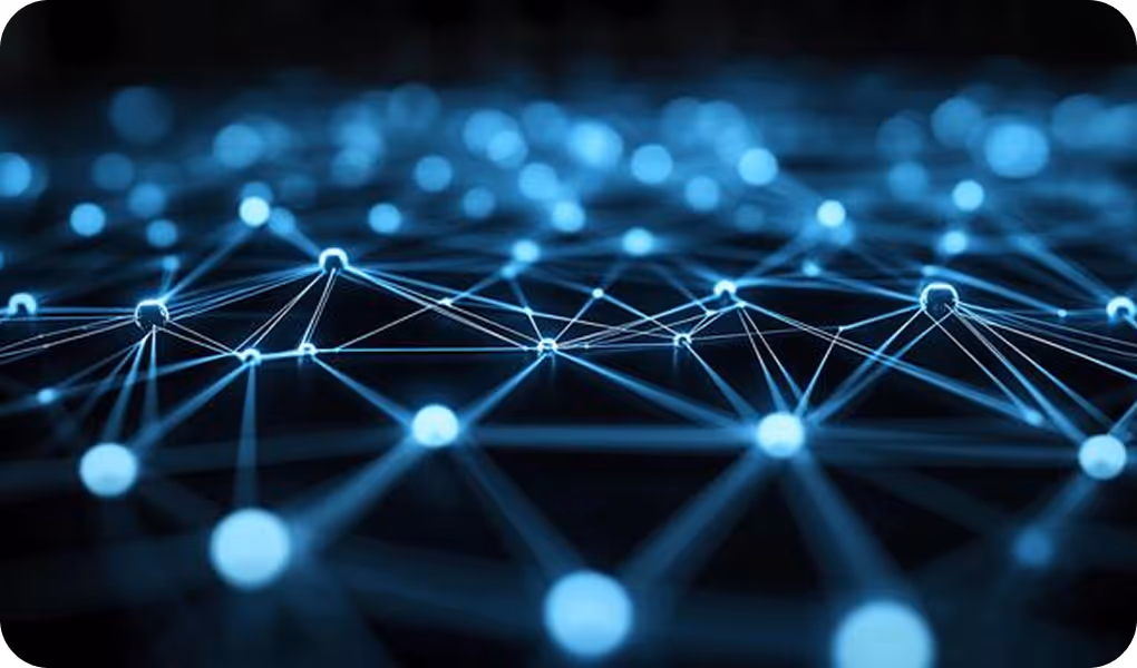 Abstract network of glowing blue nodes connected by lines on a dark background, representing digital connections or data network.