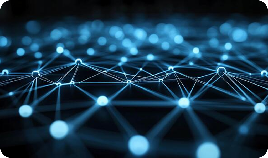 Abstract network of glowing blue nodes connected by lines on a dark background, representing digital connections or data network.