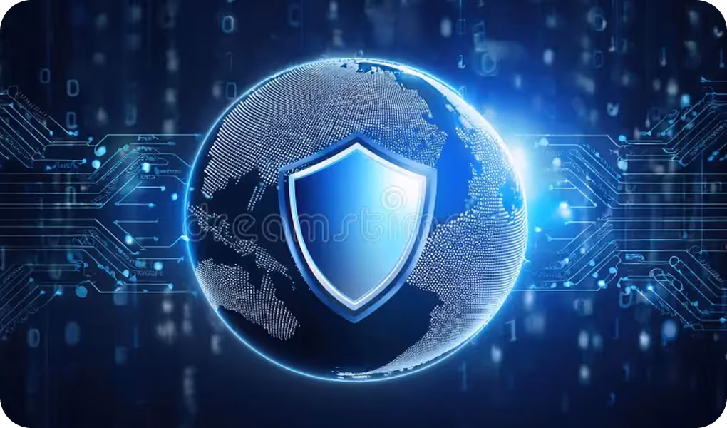 Digital globe with a shield icon in the center, symbolizing global cybersecurity and data protection, surrounded by circuit patterns on a blue background.