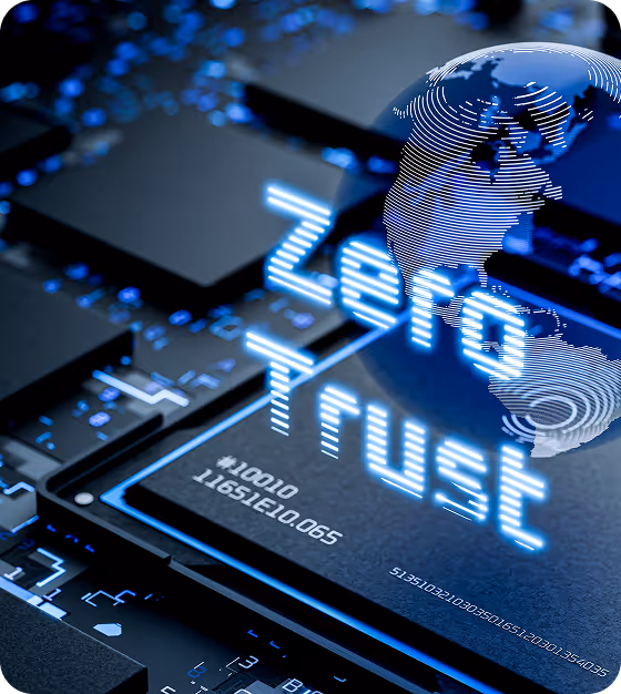 Digital circuit board with glowing blue text 'Zero Trust' overlay and a translucent globe showing North America.