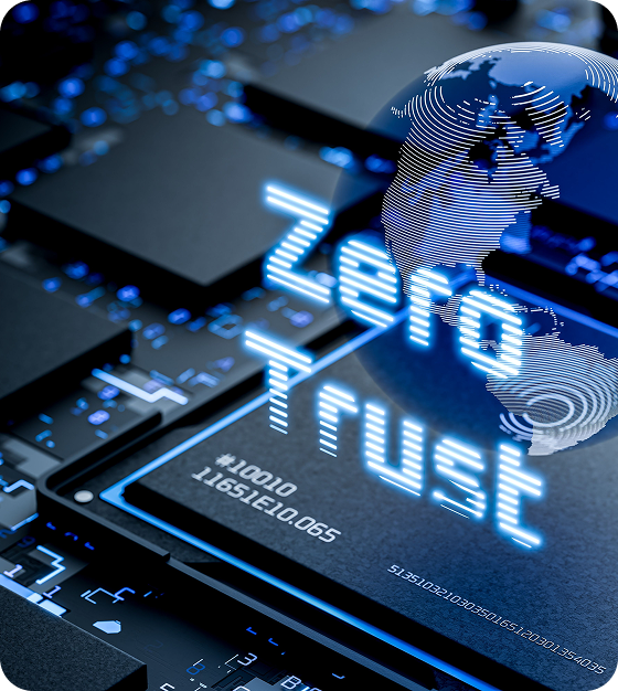 Digital circuit board with glowing blue text 'Zero Trust' overlay and a translucent globe showing North America.