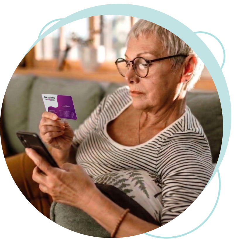 Woman reviewing her OnMySide savings card