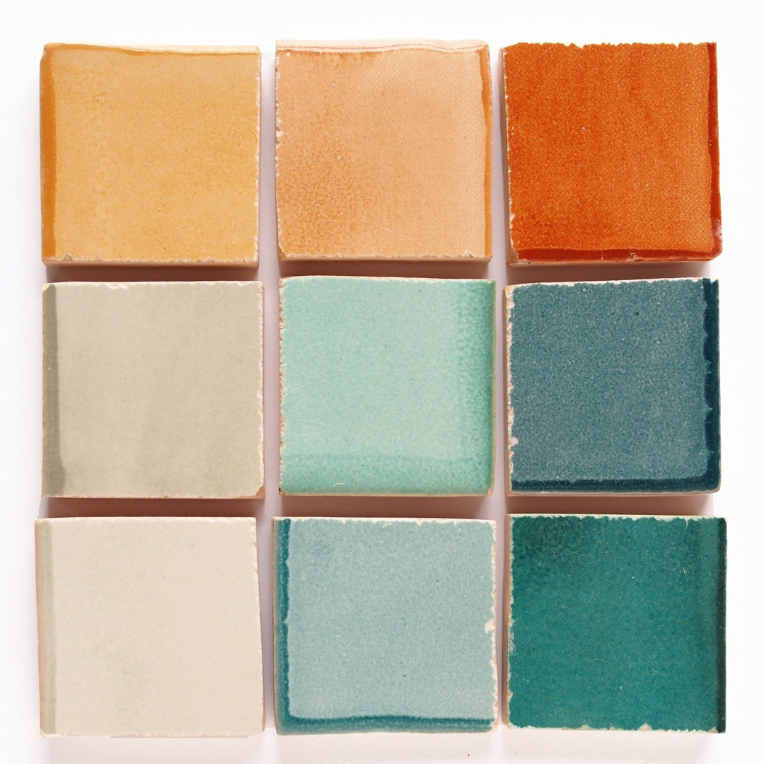 9 tiles from the collection Smink Studio, in tones of yellow, orange, green and blue. New Terracotta, Smink Studio