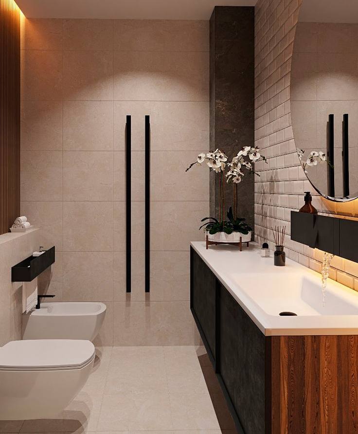 Bathroom setting with minimalist electric towel rail from Foursteel, collection Fourslim Square in black