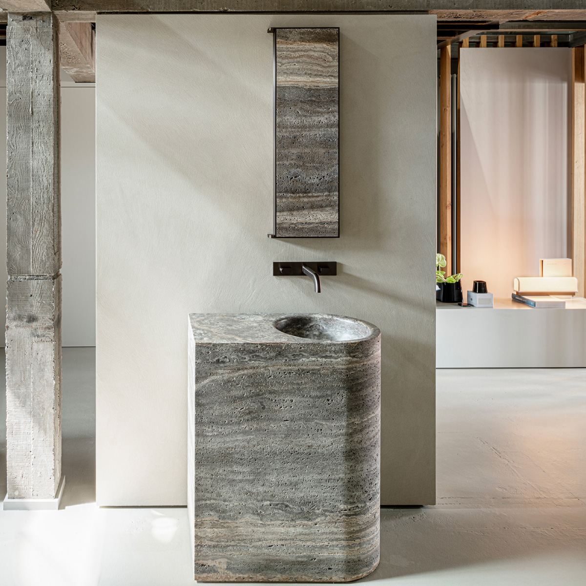 Setting of Bath with washbasin in stone and wall-mounted mixer tap with double lever and spout SIX02, in stainless steel, from Ceadesign, collection Sixty