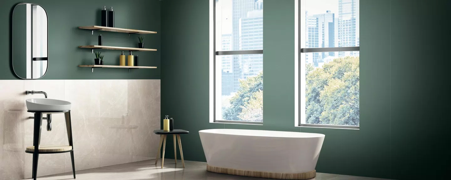Floor and bathroom wall with tile from Florim, collection Emental Stone