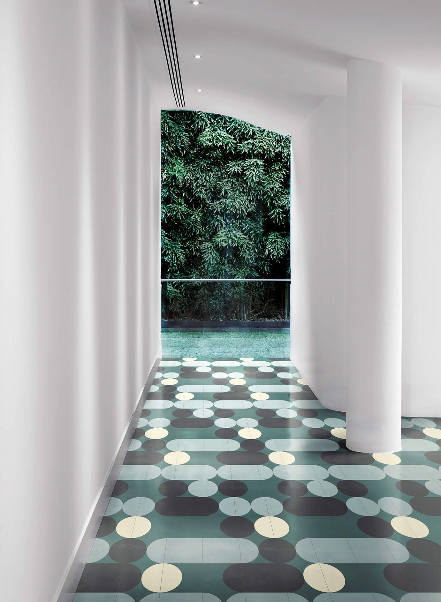 Pool area floor with green and blue tiles Bisazza Cementiles Decorations