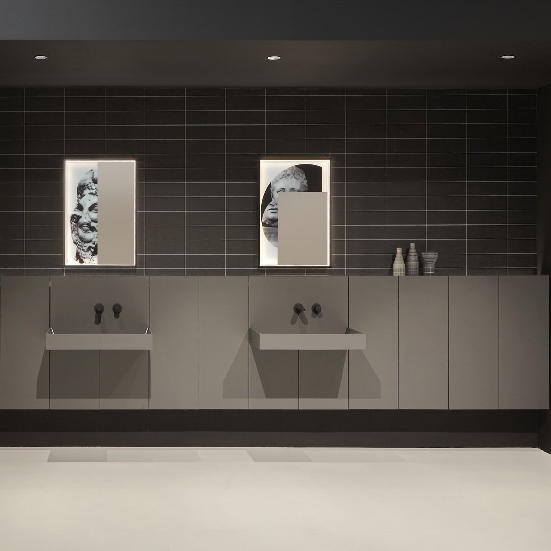 Composition of double washbasin with cabinet, wall-mounted, colour grey, black taps. From Antonio Lupi, collection Showdown.